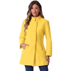 Winter Overcoat Mid-thigh Stand Collar Single Breasted Long Coat Yellow